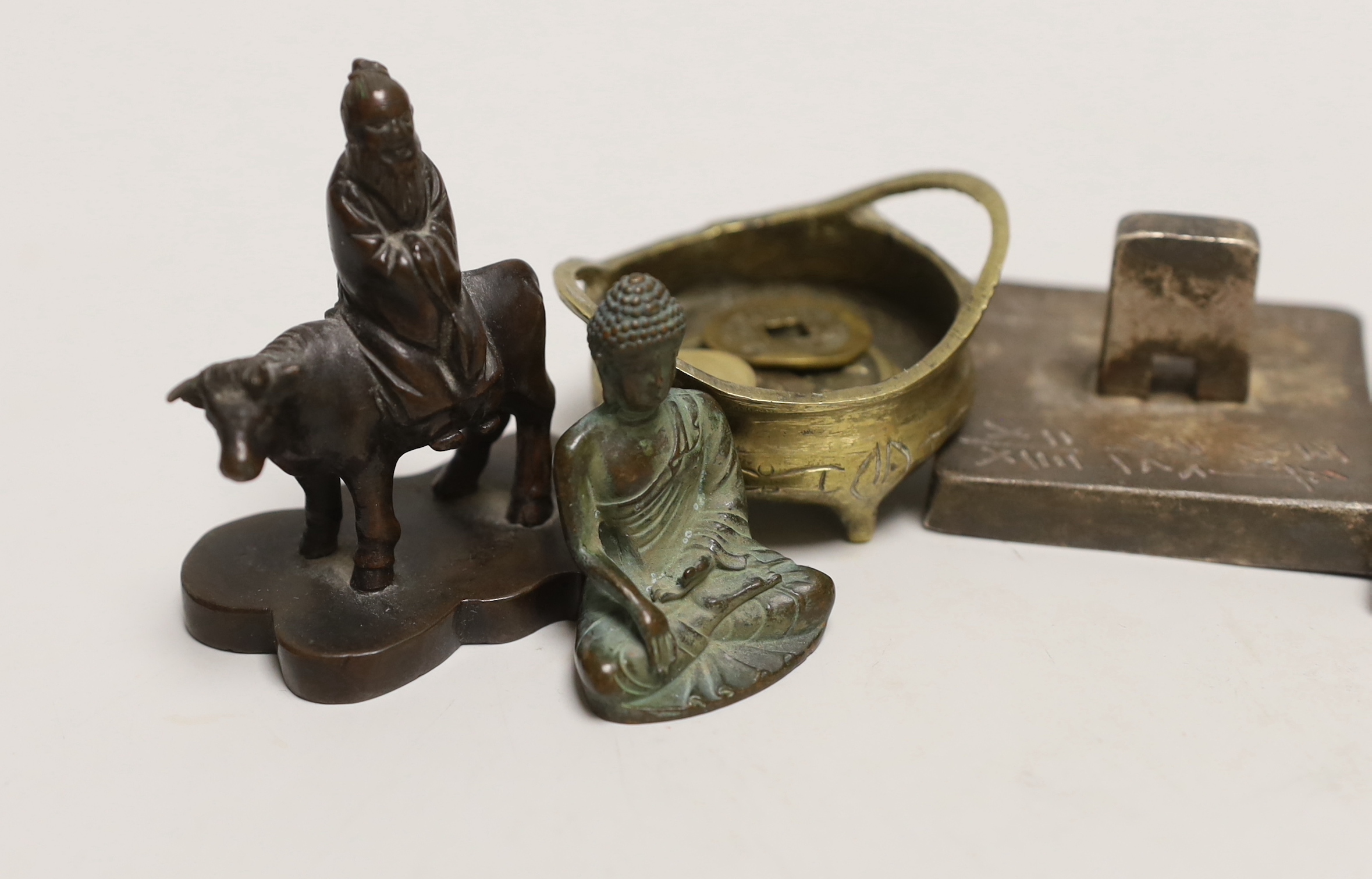 Five Chinese coins, five seals and a miniature censer